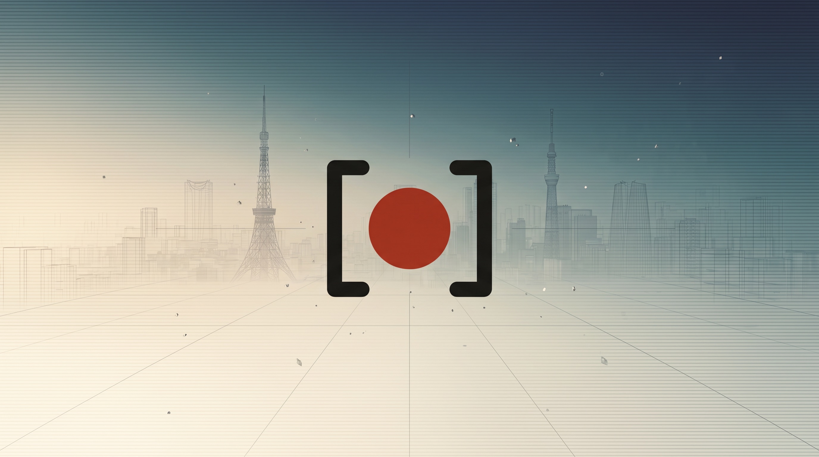 JapanTech — a bracket-and-dot logo over a minimalist wireframe of Tokyo at dawn